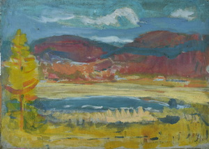 Werkverzeichnis Nr. 618, um 1972, Weiher mit Baum vor Hügeln, Öl auf Leinwand, 38,5 x 52,5 cm 
